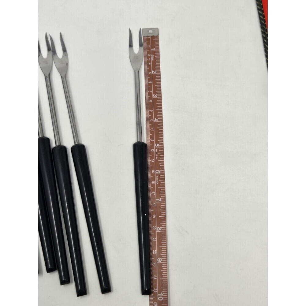VINTAGE STAINLESS STEEL BLACK HANDLE FONDUE FORKS SET OF 6 WITH BOX FRANCE MCM - Picture 6 of 16